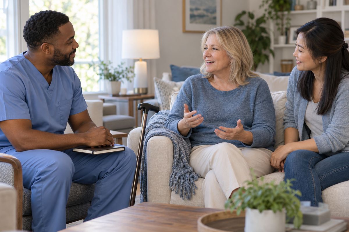 A nurse talks with a patient and her family member in their home