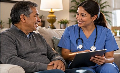 A nurse reviews information on a tablet with a patient