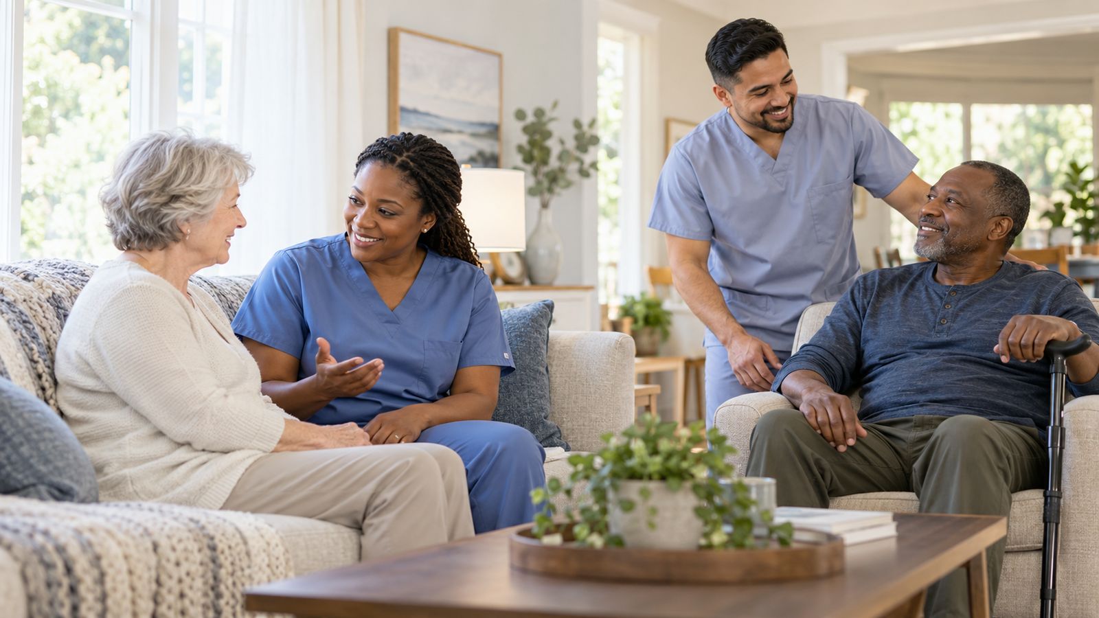 A nurse and a home health aide visit with two patients in a bright living room