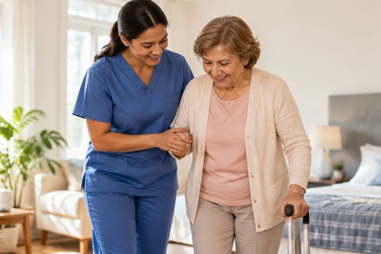 A home health aide walks arm in arm with a woman using a cane