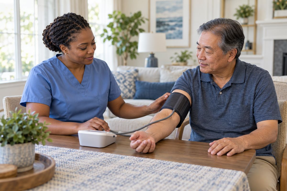 A nurse checks a man’s blood pressure at his dining table at home