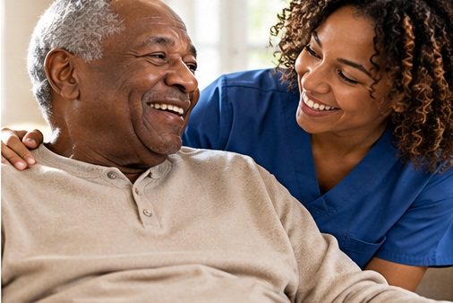 A smiling caregiver with her arm around a laughing older man