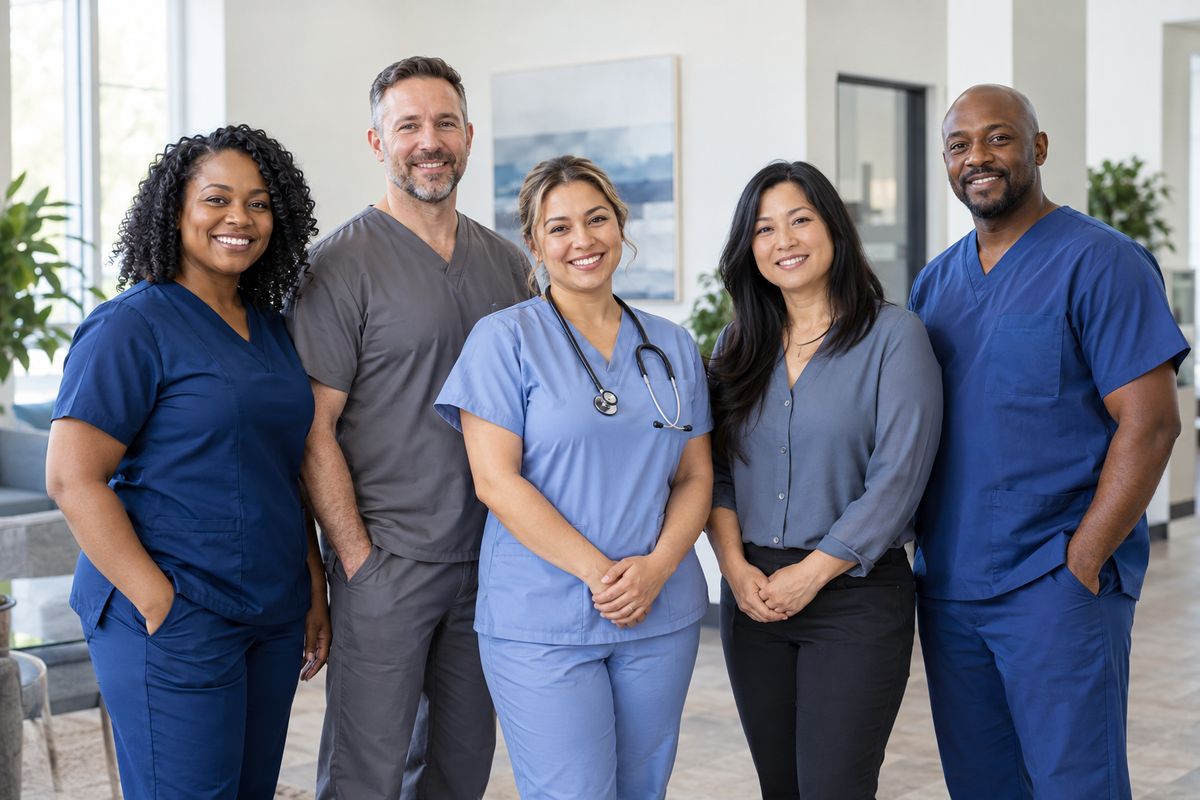 Five smiling members of the Safeville home health team