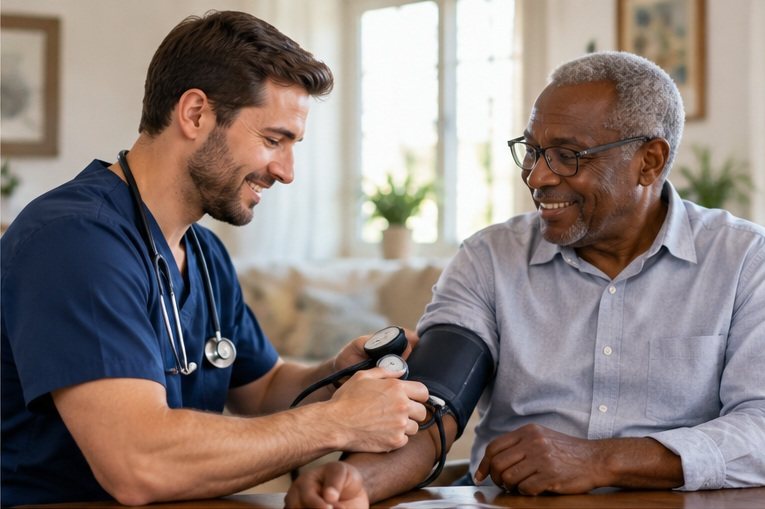 A nurse takes a man’s blood pressure in his living room