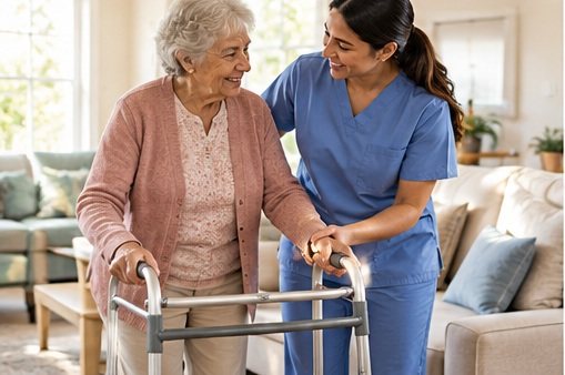 A home health aide steadies a woman using a walker
