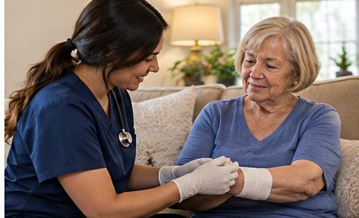 A nurse wearing gloves cares for a bandaged wound on a woman’s arm